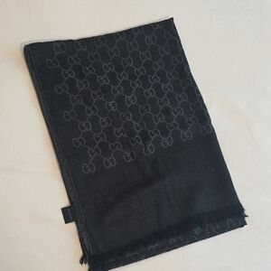 Gucci Black Grey Silk Wool Blend GG Logo Scarf, Unisex